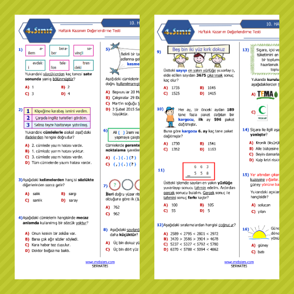 4. Sınıf Haftalık Değerlendirme Testi - 10. Hafta