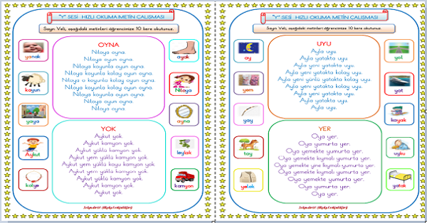 1. Sınıf İlk Okuma Yazma Y-y Sesi Hızlı Okuma Metinleri