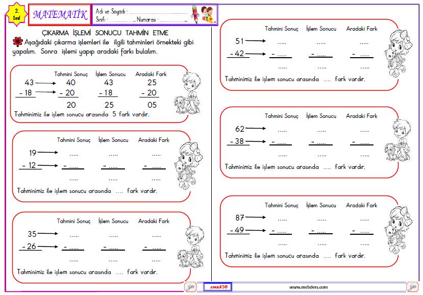 2. Sınıf Matematik Çıkarma İşleminin Sonucunu Tahmin Etme Etkinliği 1