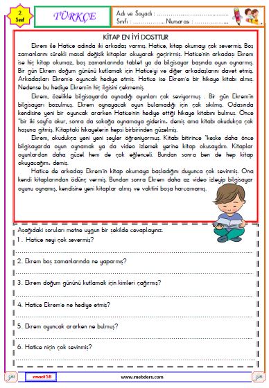 2. Sınıf Türkçe  Okuma ve Anlama Metni Etkinliği (Kitap En İyi Dosttur)