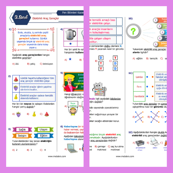 3. Sınıf Fen Bilimleri Elektrikli Araç Gereçler Kazanım Testi