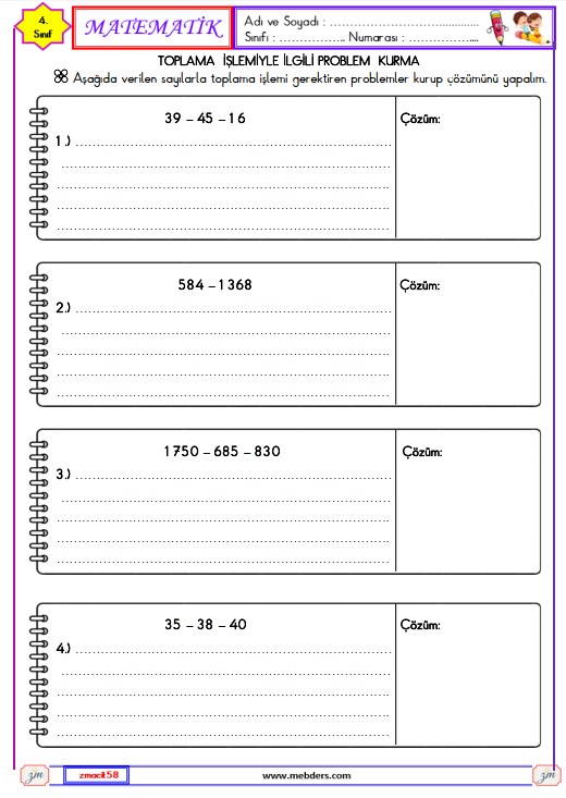 4. Sınıf Matematik Toplama İşlemi Problemleri Etkinliği 3