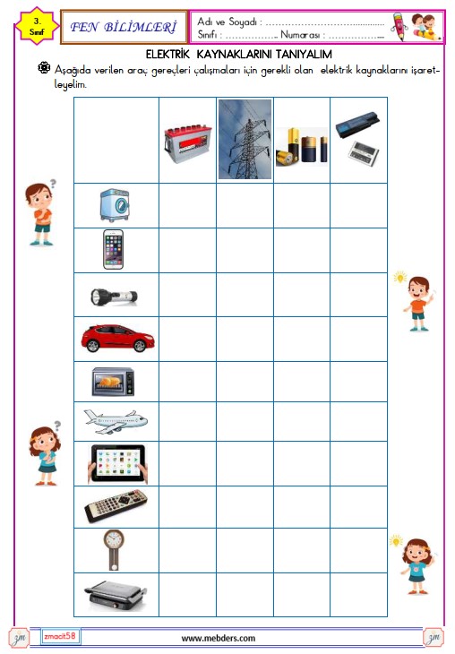 3. Sınıf Fen Bilimleri Elektrik Kaynaklarını Tanıyalım Etkinliği