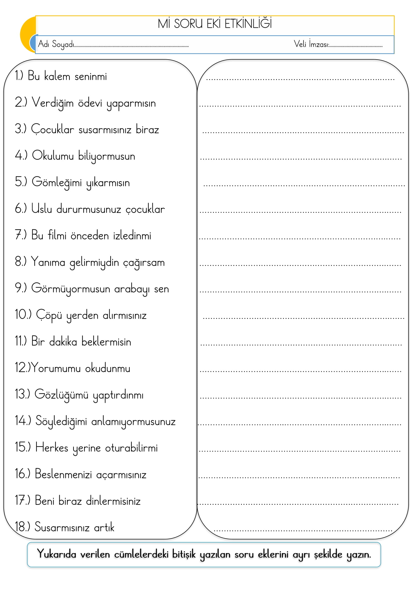 1.Sınıf Türkçe Mi Soru Eki Etkinliği