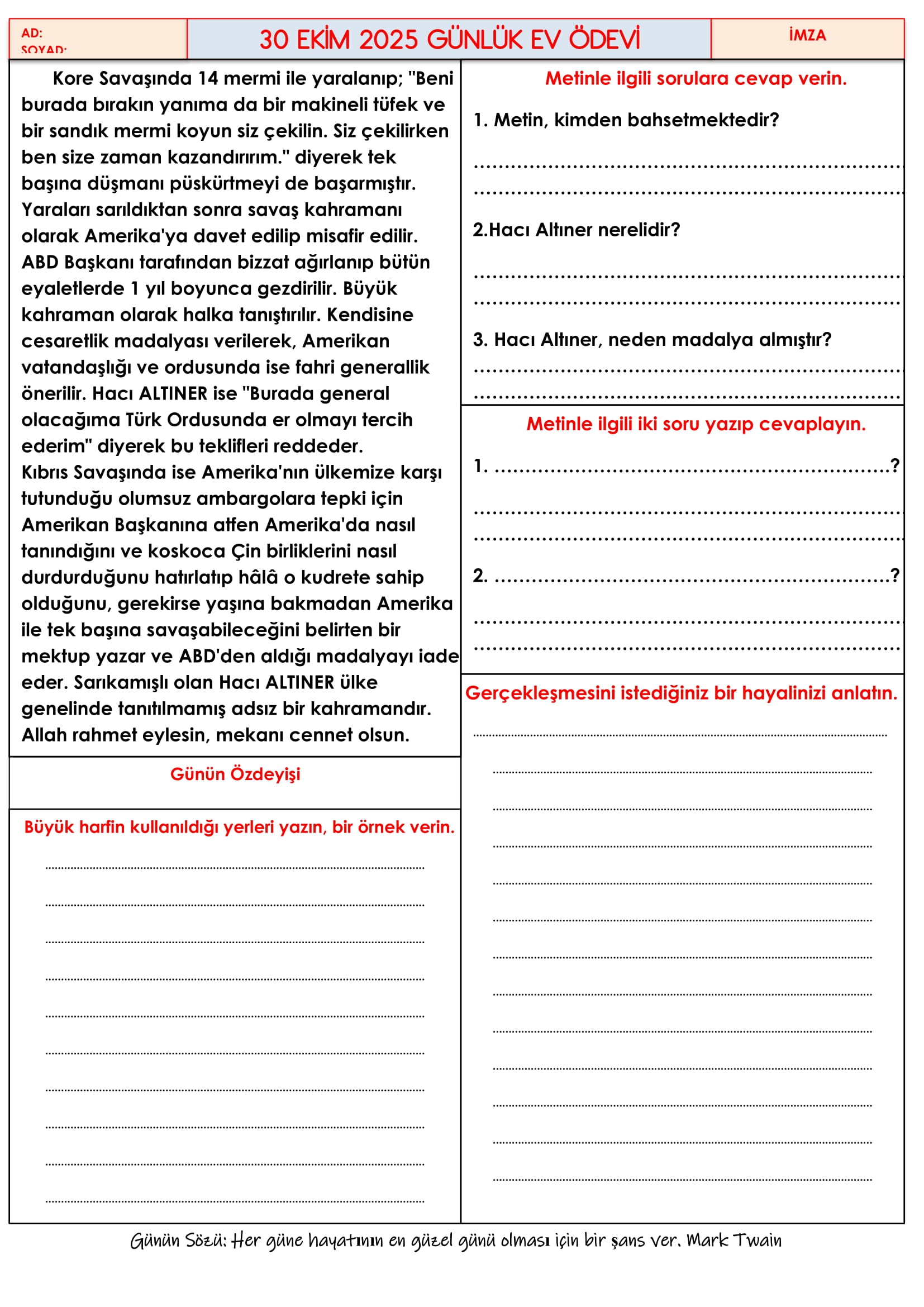 4.Sınıf - 30 Ekim 2025 Günlük Ev Ödevleri