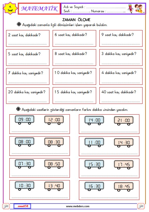 4. Sınıf Matematik Zaman Ölçme Etkinliği 1