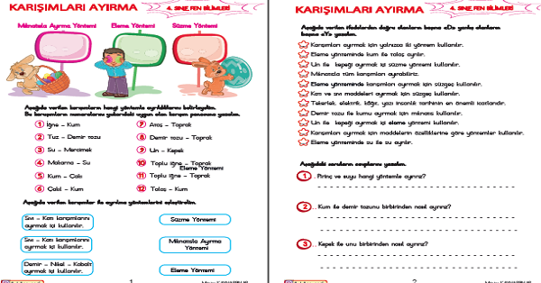 4. Sınıf Fen Bilimleri Karışımları Ayırma Yöntemleri Etkinliği