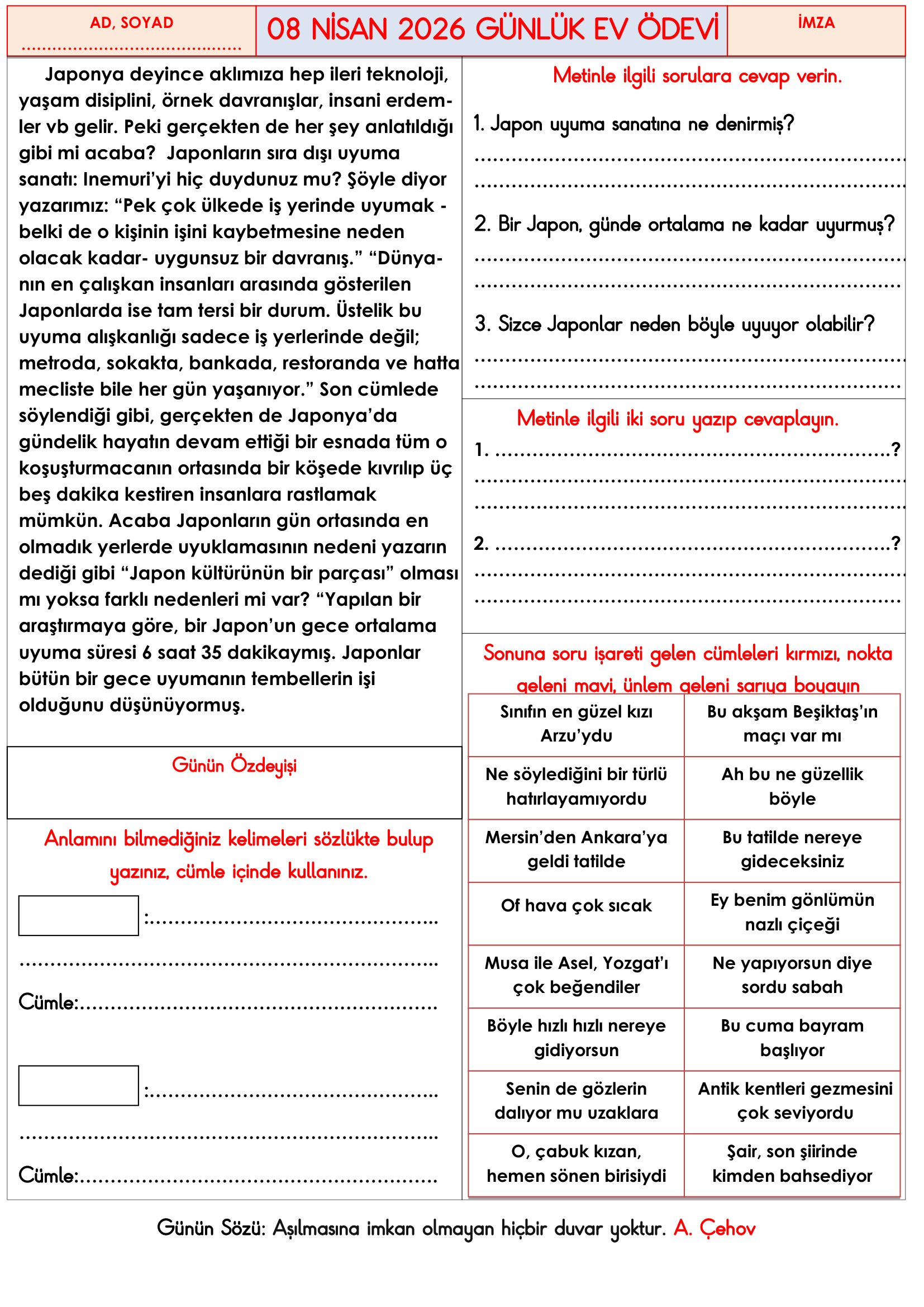 3.Sınıf - 08 Nisan 2026 Günlük Ev Ödevleri