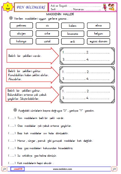 3. Sınıf Fen Bilimleri Maddenin Halleri  Etkinliği 3