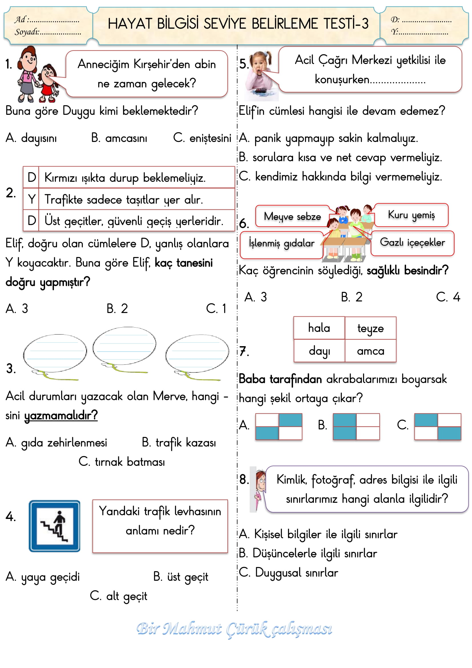 2.Sınıf Hayat Bilgisi Seviye Belirleme Testi-3