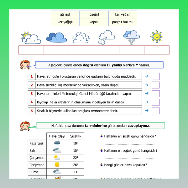 4. Sınıf Sosyal Bilgiler - Hava Durumu Etkinliği