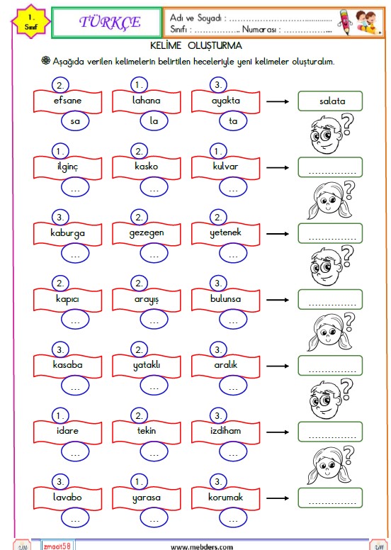 1. Sınıf Türkçe Kelime Oluşturma Etkinliği 2