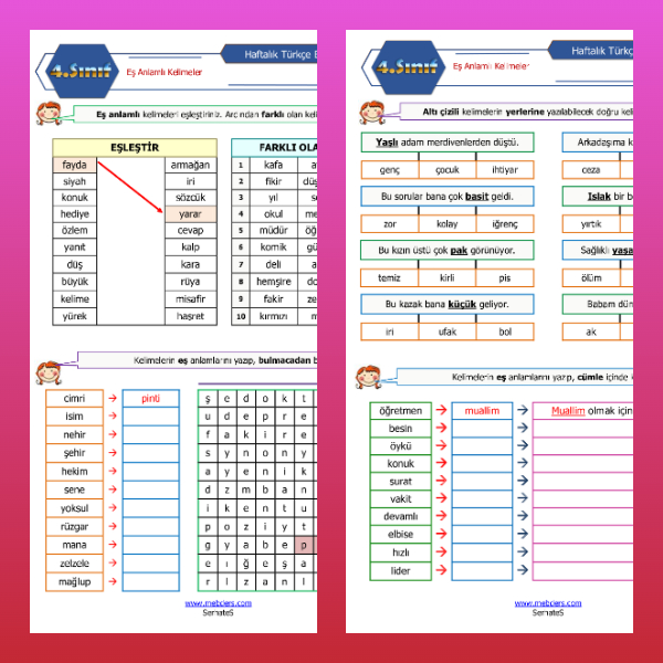 4. Sınıf Türkçe - Eş Anlamlı Kelimeler Etkinlikleri