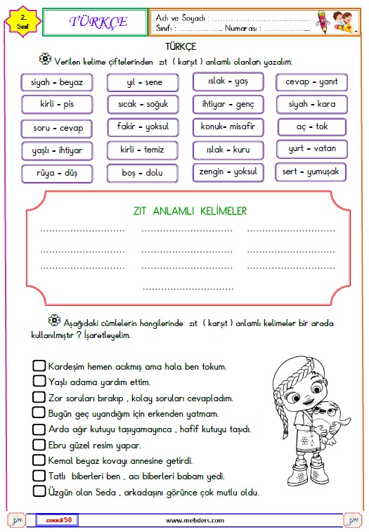 2. Sınıf Türkçe Zıt Anlamlı Kelimeler Etkinliği 1