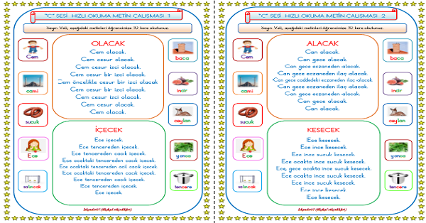1. Sınıf İlk Okuma Yazma C Sesi Hızlı Okuma Metin Çalışması