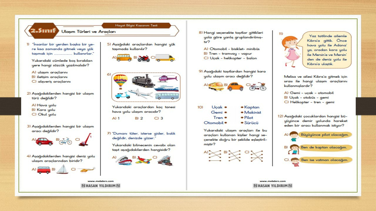 2.Sınıf Hayat Bilgisi Ulaşım Türleri ve Araçları Testi