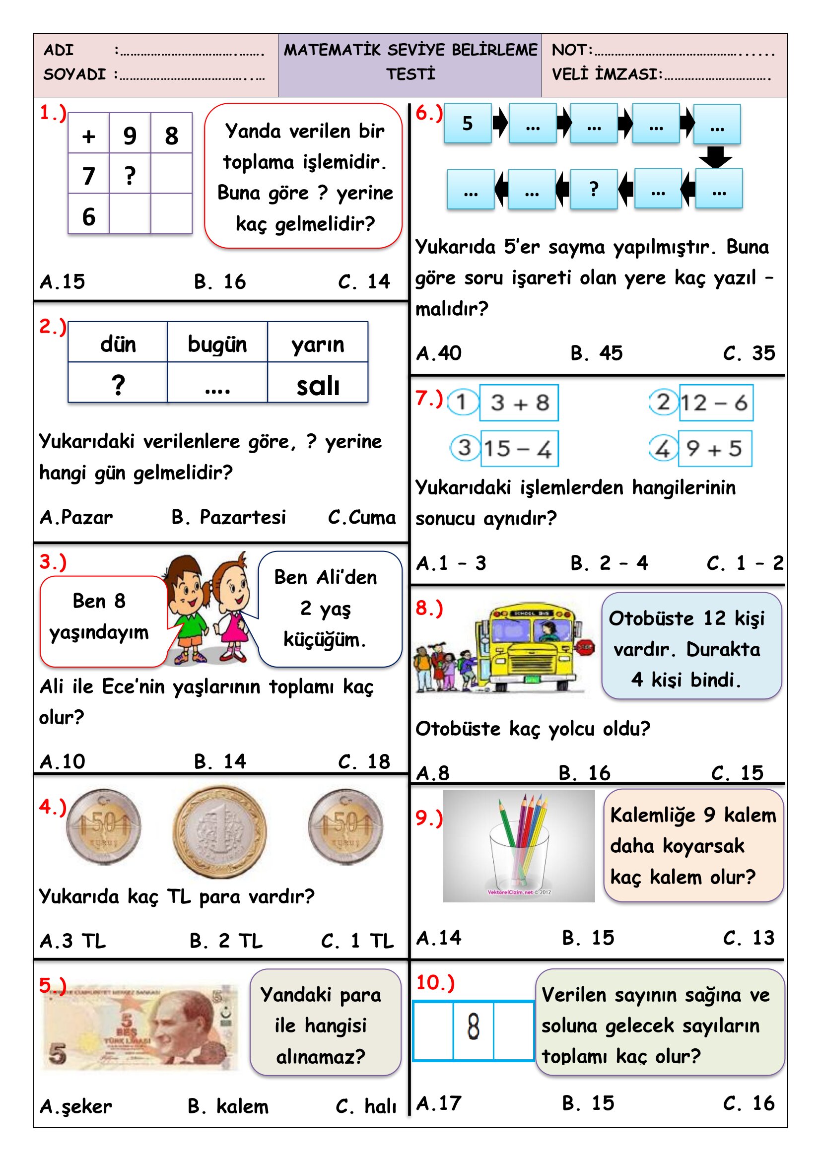 1.Sınıf -Matematik Seviye Belirleme Test-1