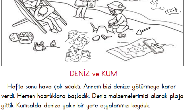 1.Sınıf Türkçe Okuma ve Anlama (Deniz ve Kum) Etkinliği 9