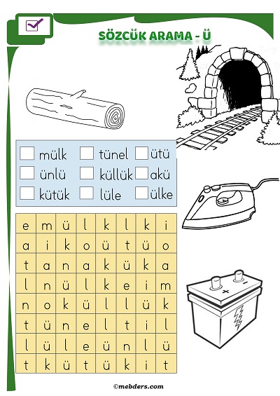1.Sınıf İlkokuma Boyamalı Sözcük Arama Etkinliği - Ü Sesi