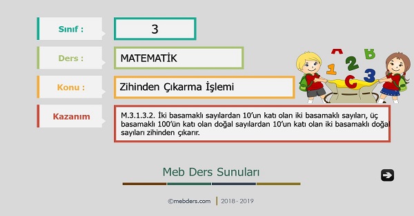 3.Sınıf Matematik Zihinden Çıkarma İşlemi Sunusu