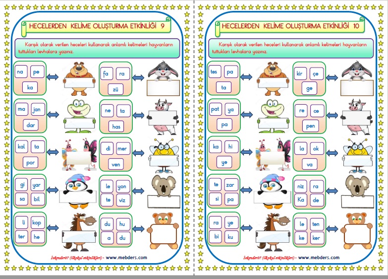 1.Sınıf İlkokuma Yazma Hecelerden Kelime Oluşturma  Etkinliği 9-10    (2 sayfa)