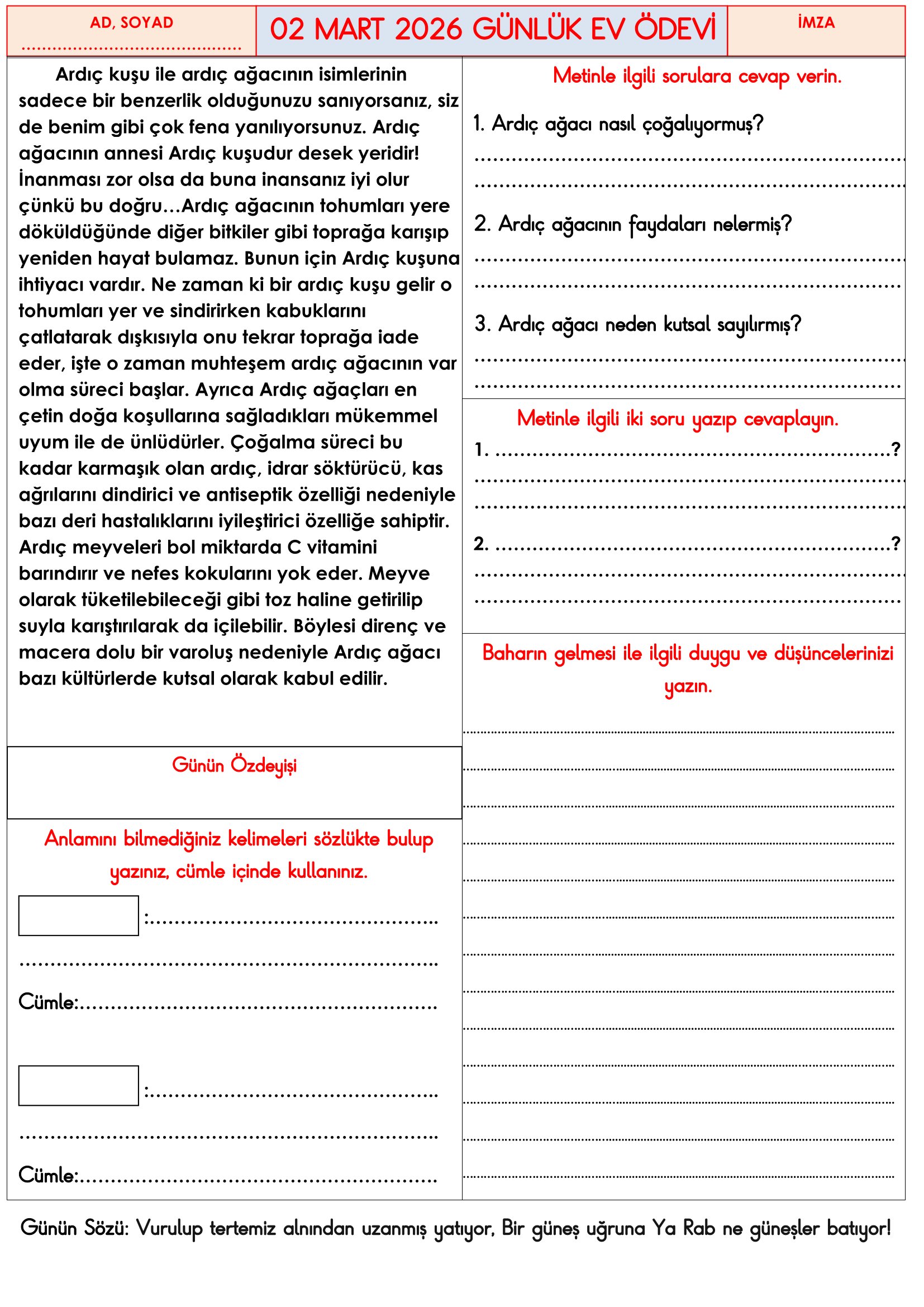 3.Sınıf - 02 Mart 2026 Günlük Ev Ödevleri