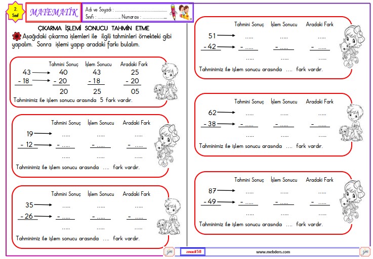 2. Sınıf Matematik Çıkarma İşlemi Sonucu Tahmin Etme Etkinliği 1