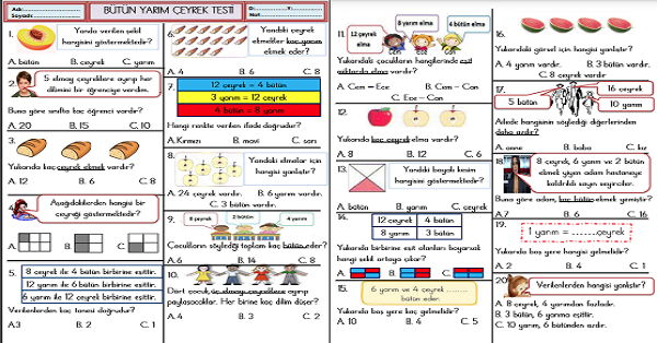 2.Sınıf Matematik Bütün Yarım Çeyrek Testi