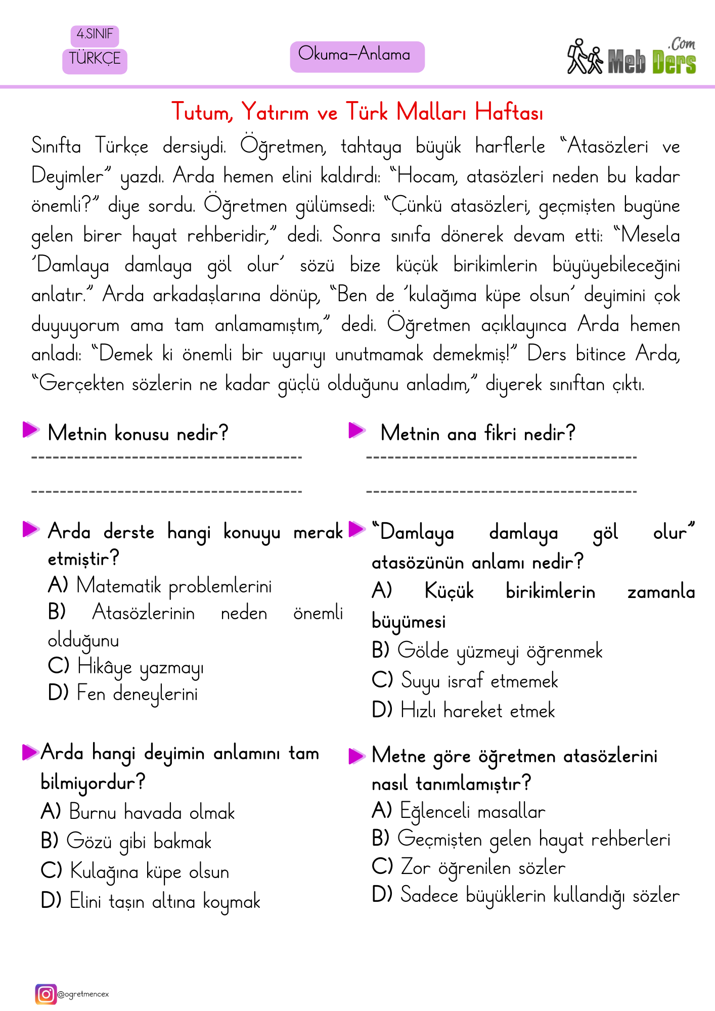 4. Sınıf Türkçe Okuduğunu Anlama Çalışması (Yerli Malı Haftası)