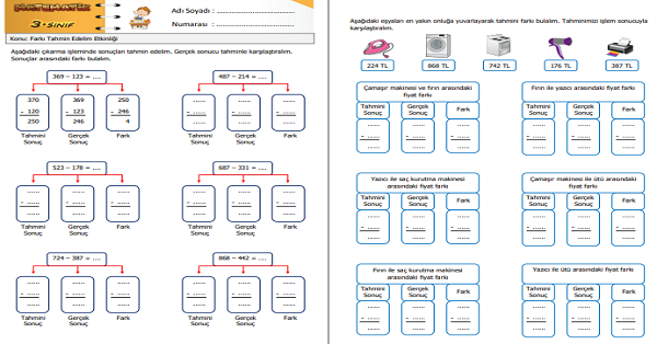 3.Sınıf Matematik Farkı Tahmin Edelim Etkinliği 2