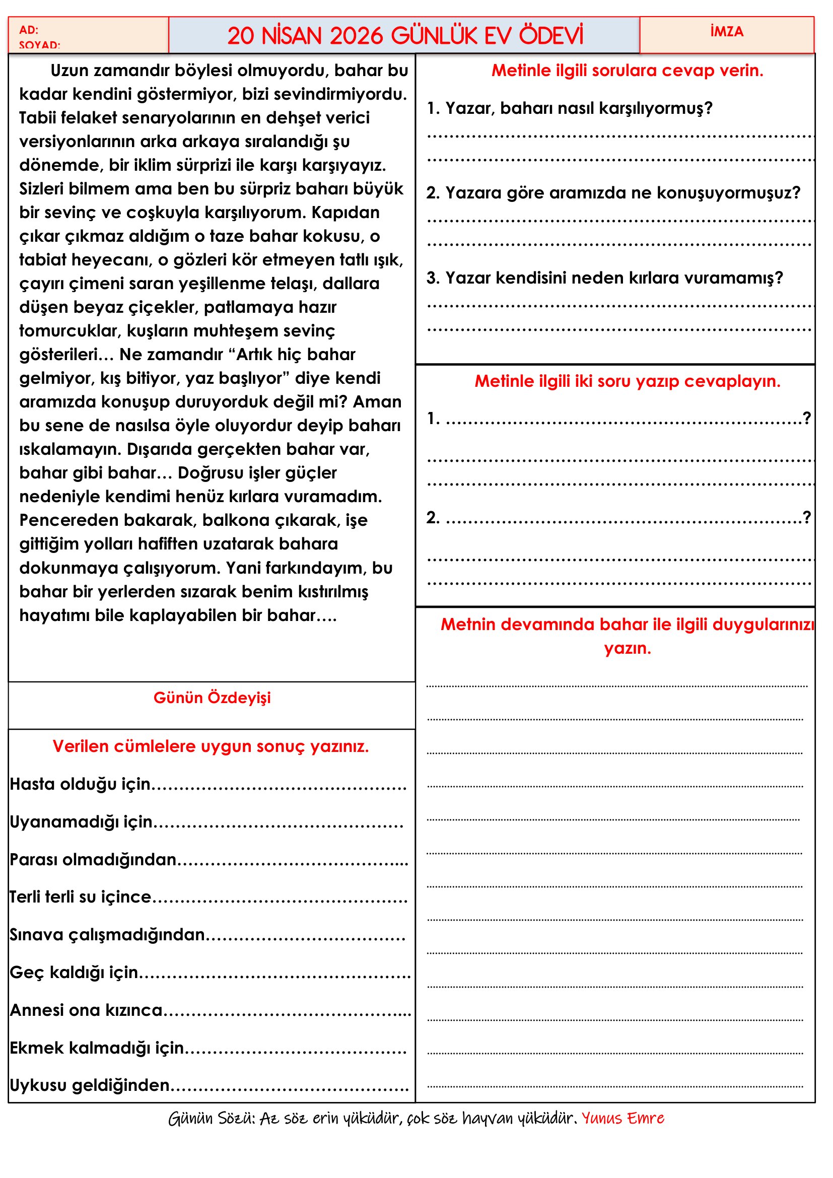 4.Sınıf - 20 Nisan 2026 Günlük Ev Ödevleri