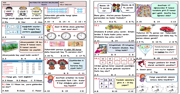 1.Sınıf -Matematik Seviye Belirleme Test-3