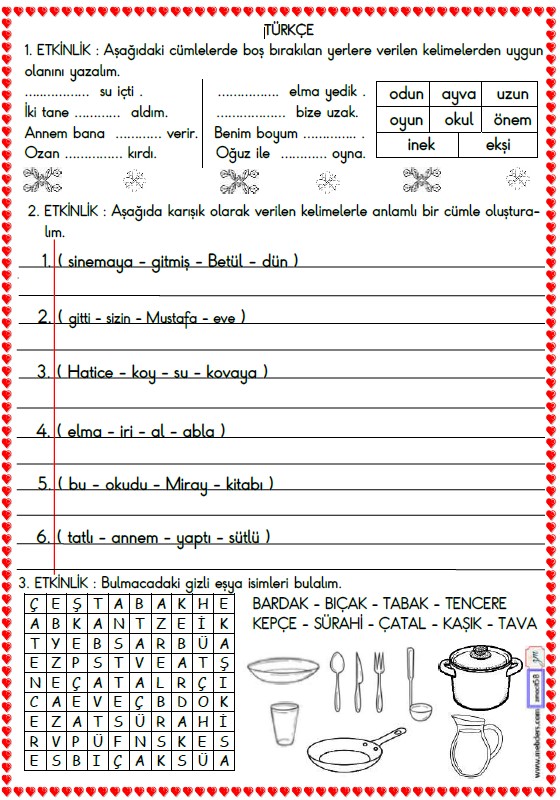 1. Sınıf Türkçe Boşluk Doldurma ve Cümle Oluşturma Etkinliği 5