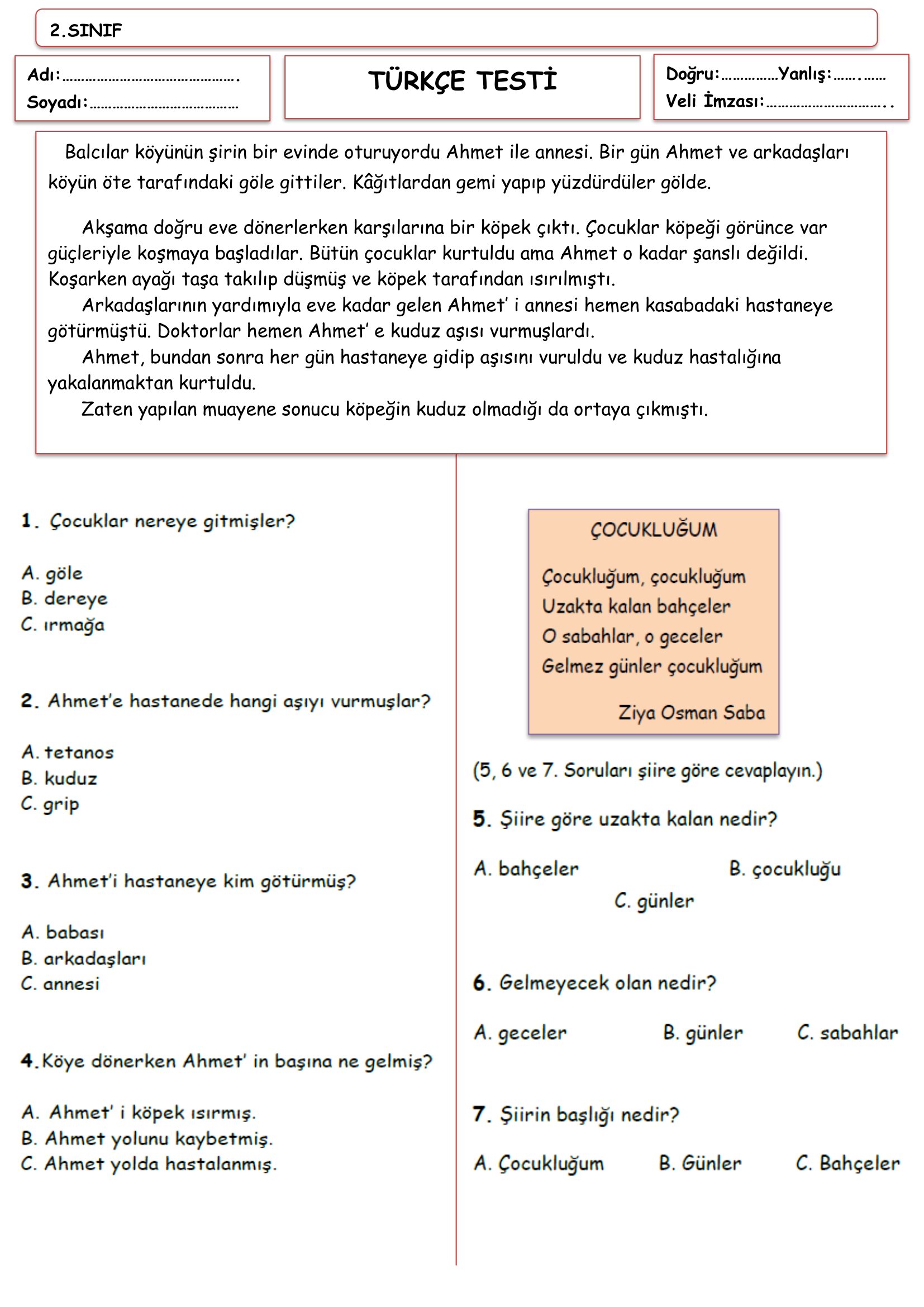 2.Sınıf Türkçe Sene Sonu Testi-1