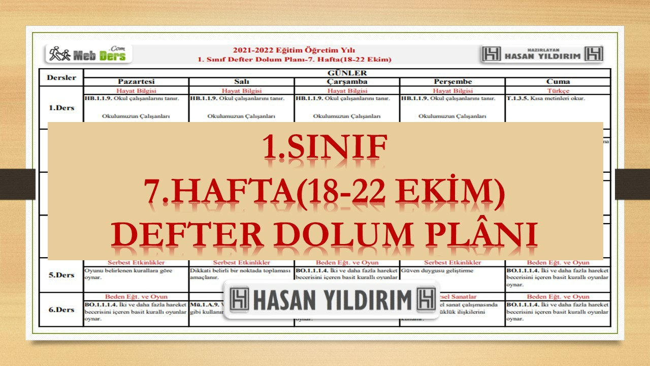 1.Sınıf 7.Hafta(18-22 Ekim) Defter Dolum Planı