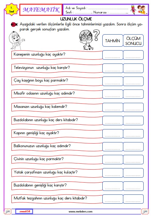 1. Sınıf Matematik Uzunluk Ölçme Etkinliği 10