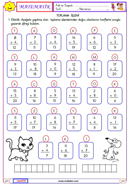 1. Sınıf Matematik Toplama İşlemi Etkinliği 14