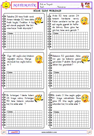 3. Sınıf Matematik Bölme İşlemi Problemleri Etkinliği 9