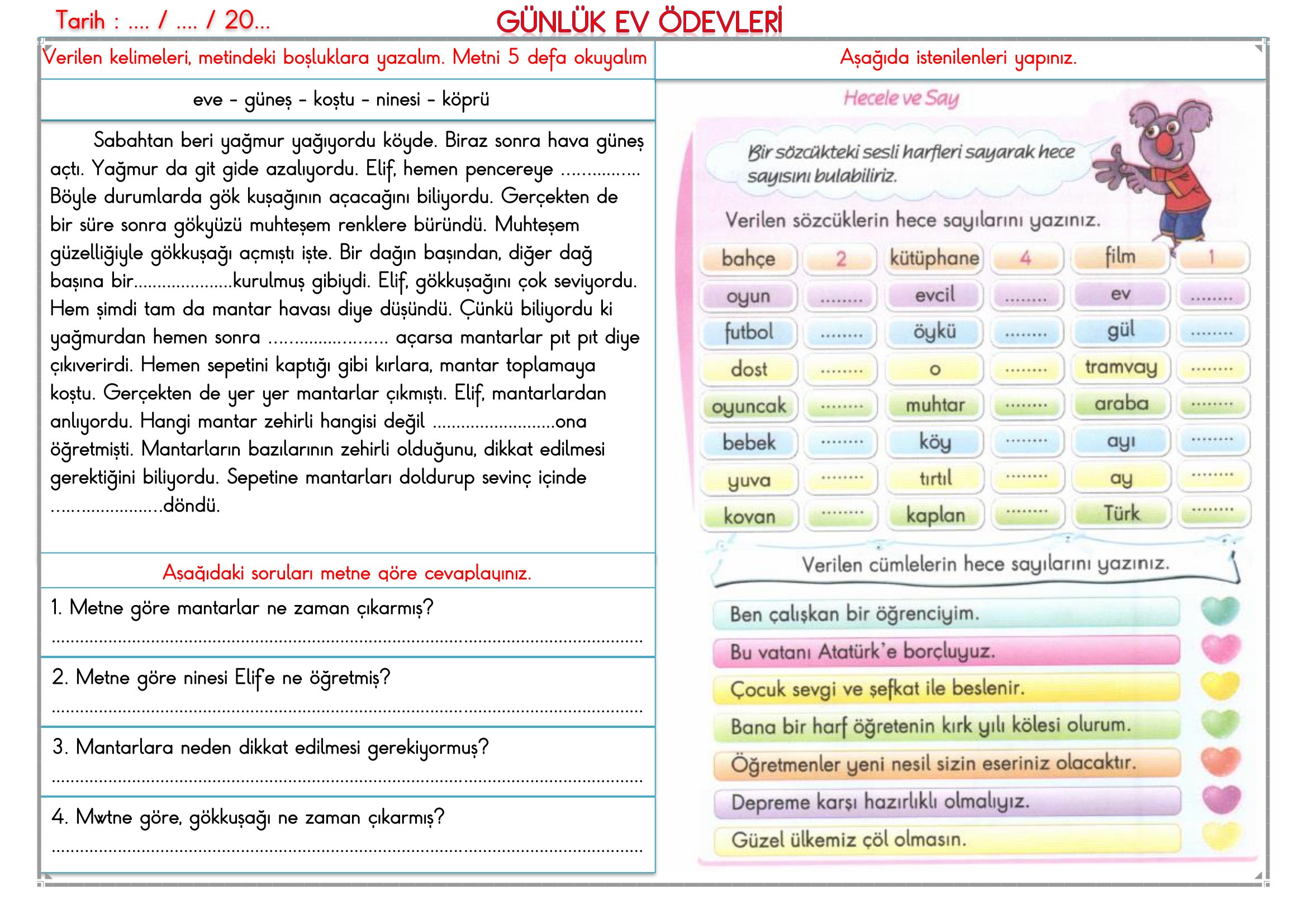 2.Sınıf - 10 Mart 2026 Günlük Ev Ödevleri