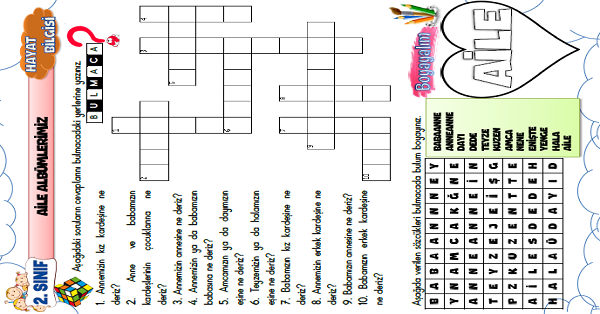 2. Sınıf Hayat Bilgisi Ailemiz Bulmaca Etkinliği