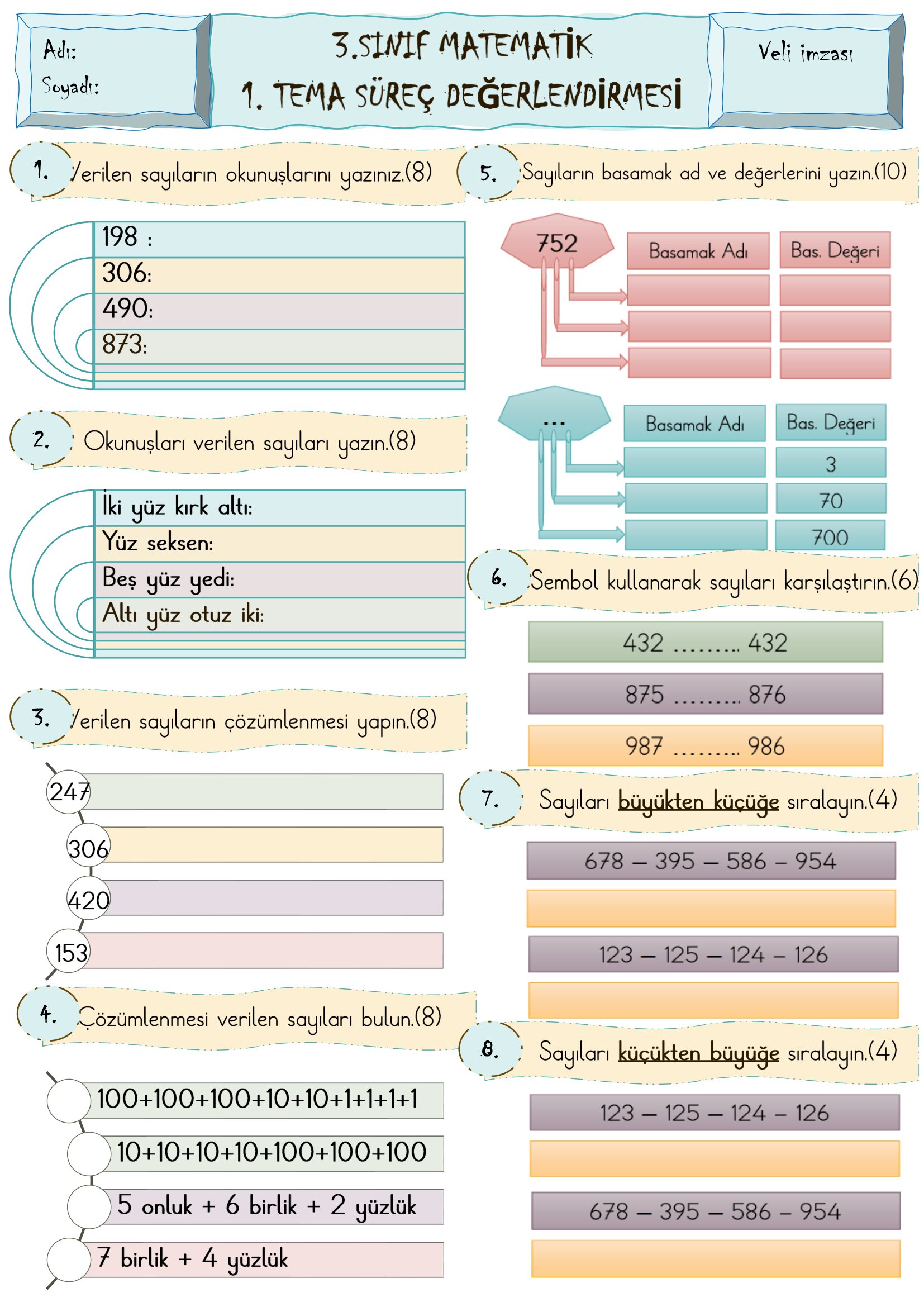 3.Sınıf - Matematik 1. Ünite Süreç Değerlendirmesi-2