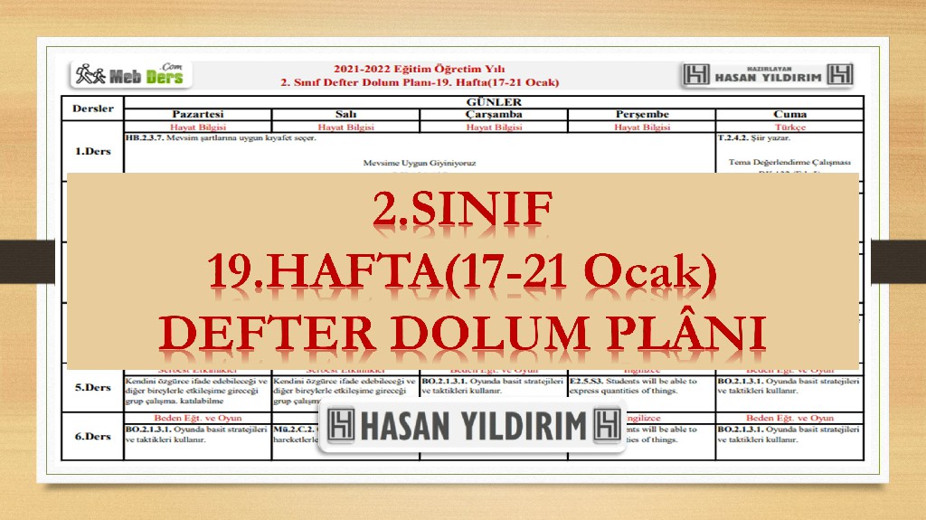 2.Sınıf 19.Hafta(17-21 Ocak) Defter Dolum Planı