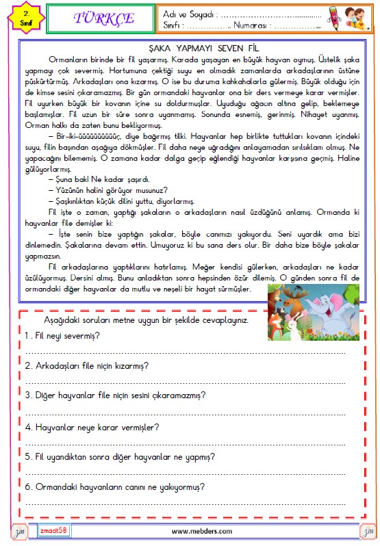 2. Sınıf Türkçe Okuma ve Anlama Metni Etkinliği (Şaka Yapmayı Seven Fil)
