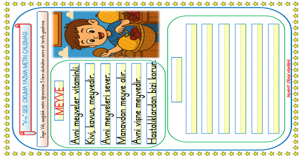 1. Sınıf İlk Okuma Yazma V Sesi Metin Okuma Yazma Çalışması