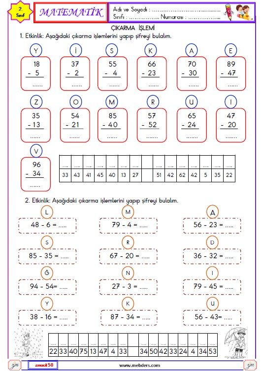 2. Sınıf Matematik Çıkarma İşlemi Etkinliği 2