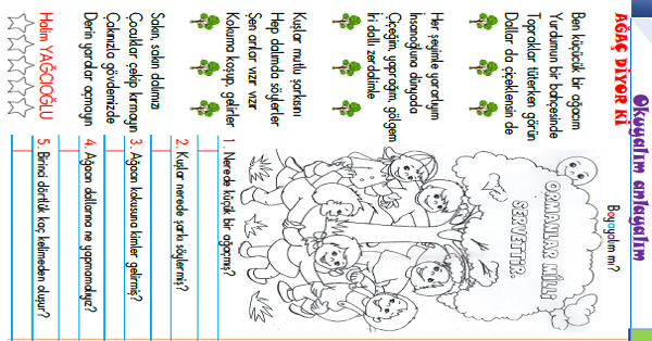 1.Sınıf Türkçe Okuyalım-Anlayalım-Cevaplayalım (Ağaç Diyor Ki) Şiiri
