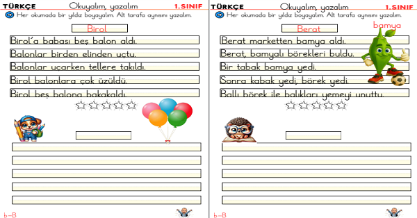 1. Sınıf İlk Okuma Yazma  B-b Sesi Okuma Yazma Etkinliği (5 Sayfa)