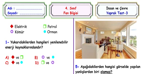 4.Fen Bilimleri İnsan ve Çevre Ünitesi Yaprak Test 3