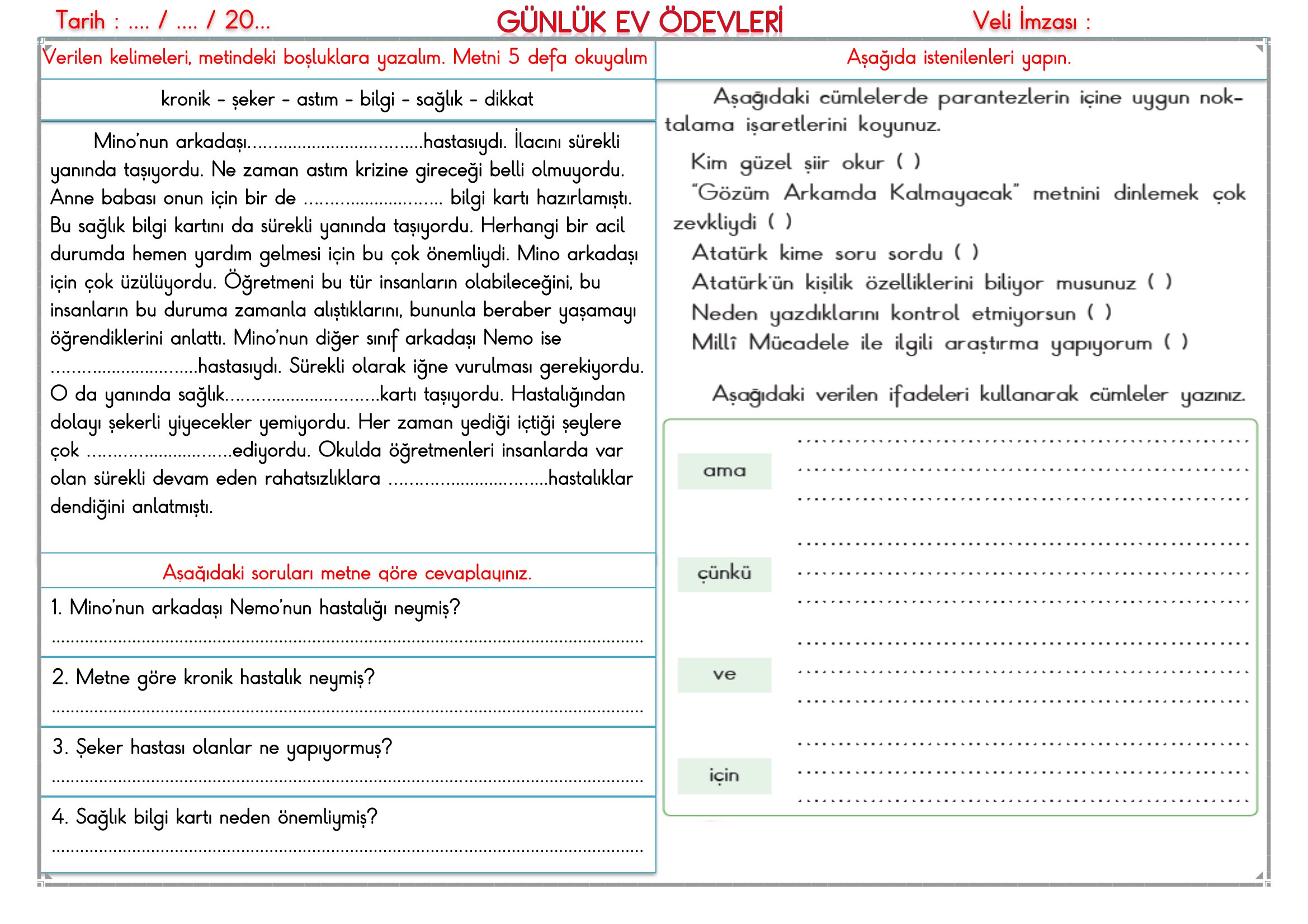 2.Sınıf - 20 Şubat 2026 Günlük Ev Ödevleri