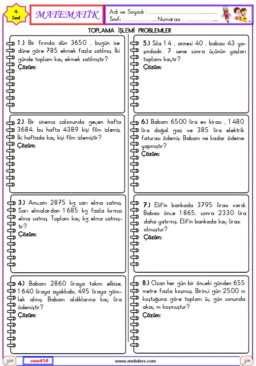 4. Sınıf Matematik  Toplama İşlemi Problemler Etkinliği 1